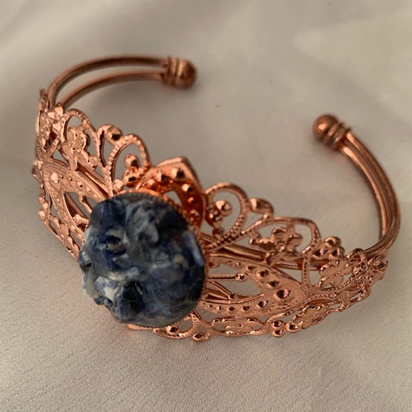 Rose Gold Floral Filigree Blue Agate Cuff Bracelet - Picture 9 of 9